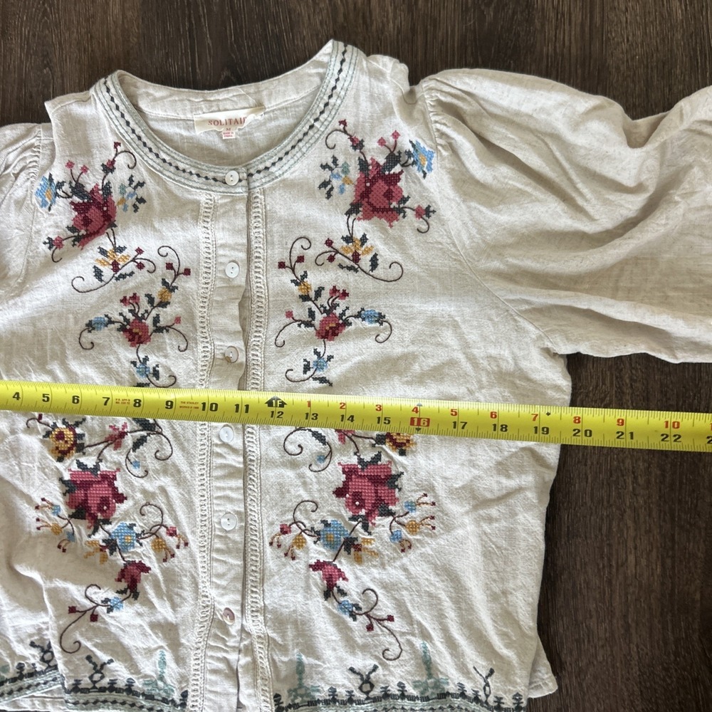 SOLITAIRE Needlepoint Floral Shirt Cropped Linen Blend Bell Sleeve Button Up M - Picture 6 of 8